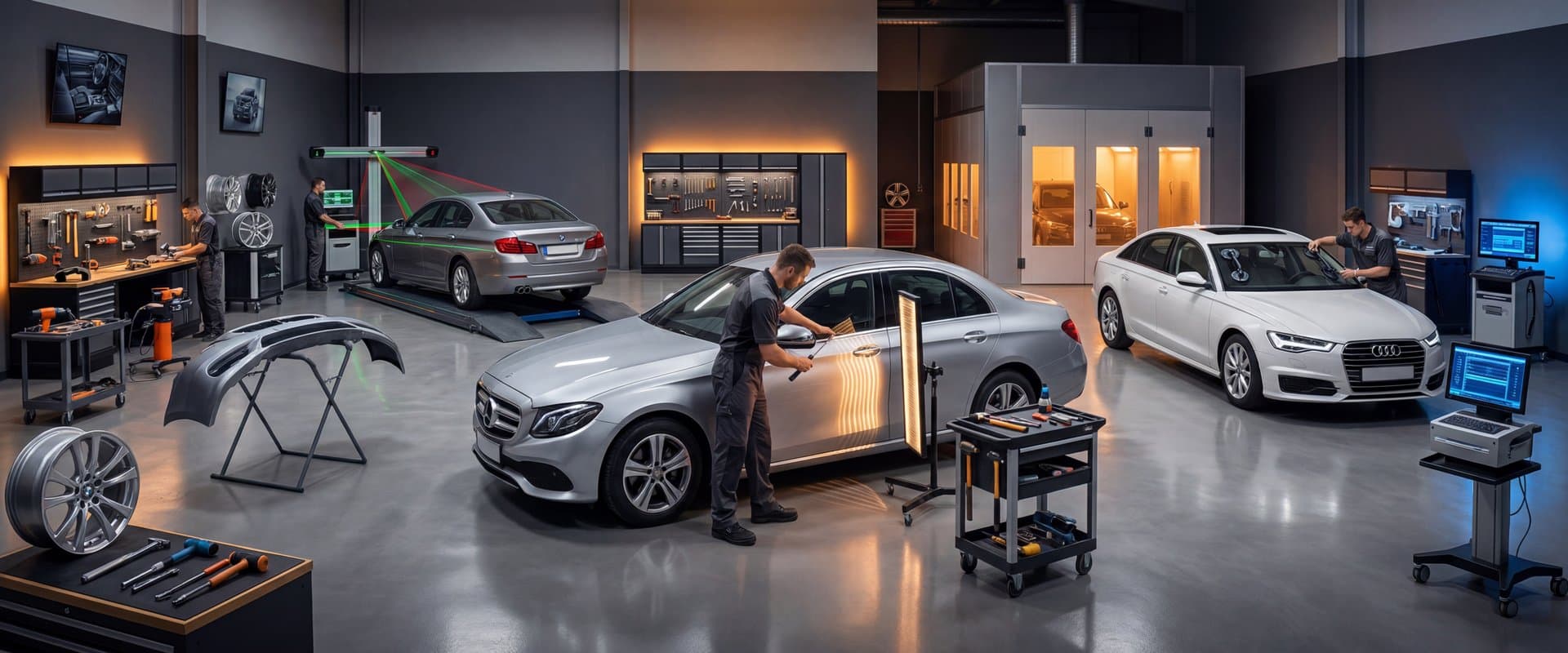 Complete auto body work facility showing dent repair, structural damage restoration, and bumper replacement services at Prestige Auto Body