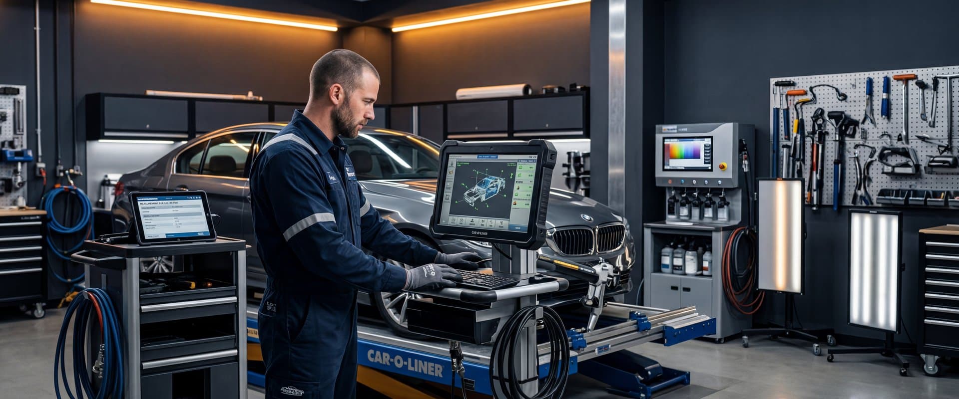 Professional collision repair technician using computerized frame measuring equipment with laser scanners and digital displays at Prestige Auto Body