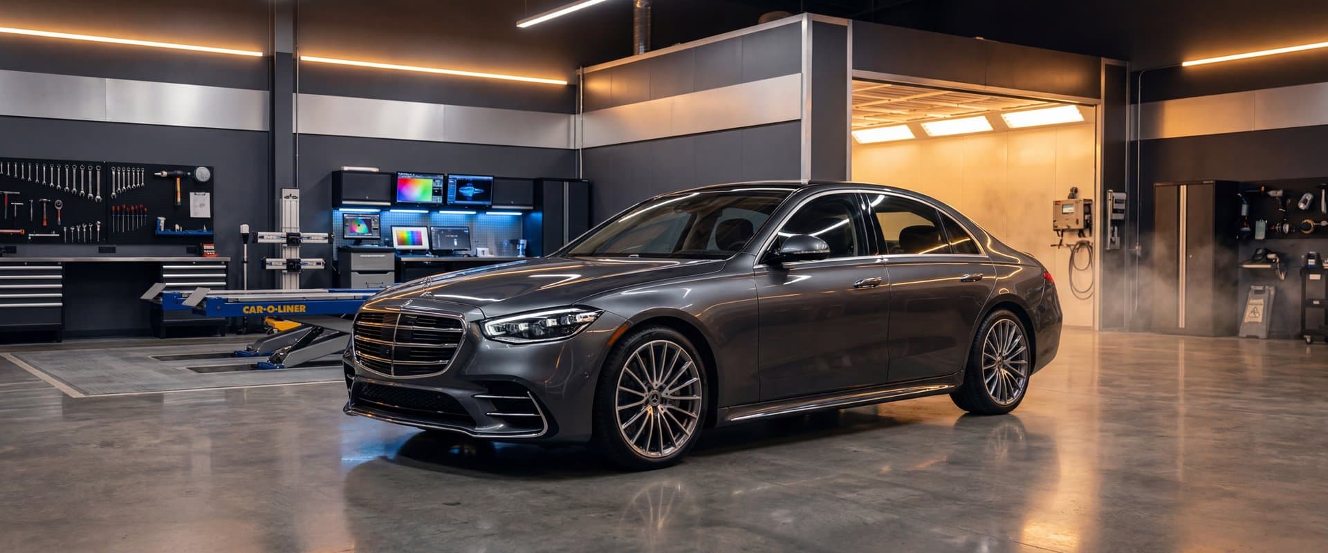 Prestige Auto Body — pristine luxury sedan in state-of-the-art auto body workshop with modern equipment and professional lighting
