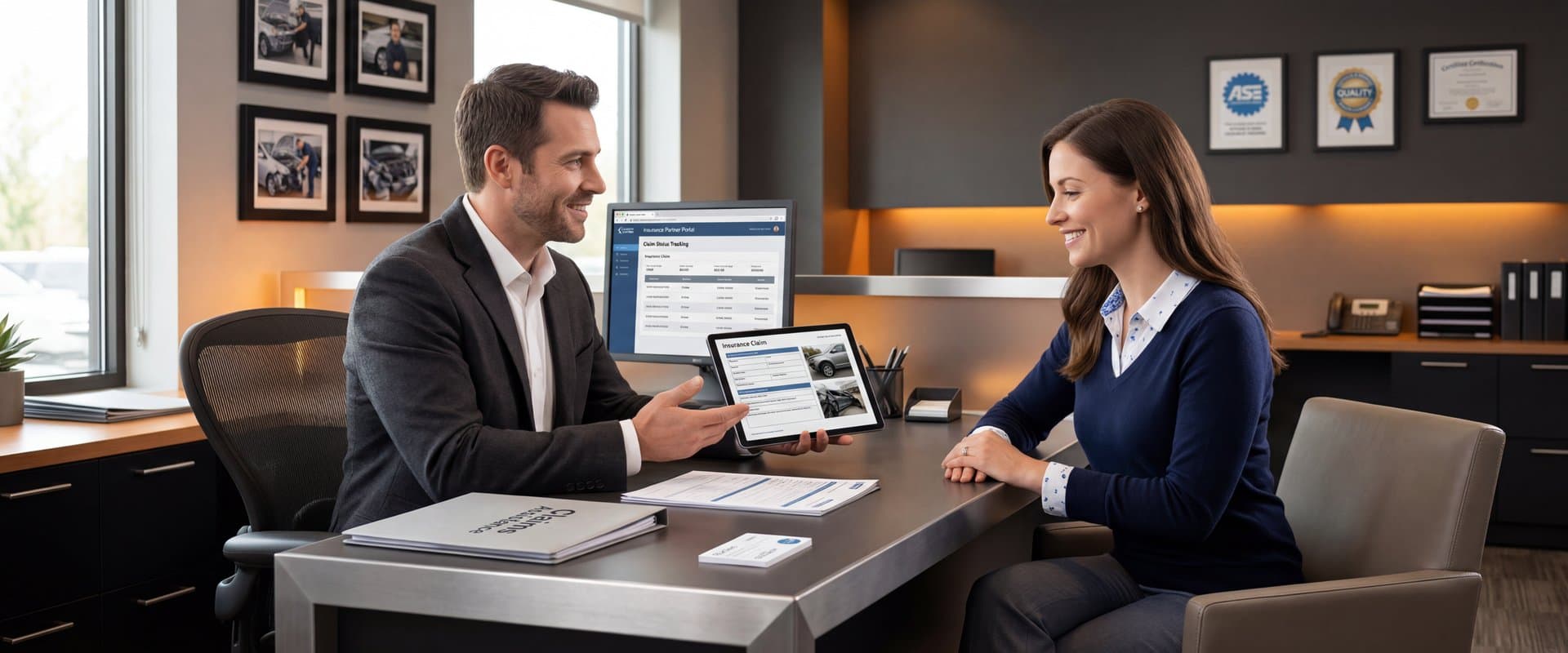 Professional insurance claims advisor reviewing documentation with satisfied customer at Prestige Auto Body consultation area